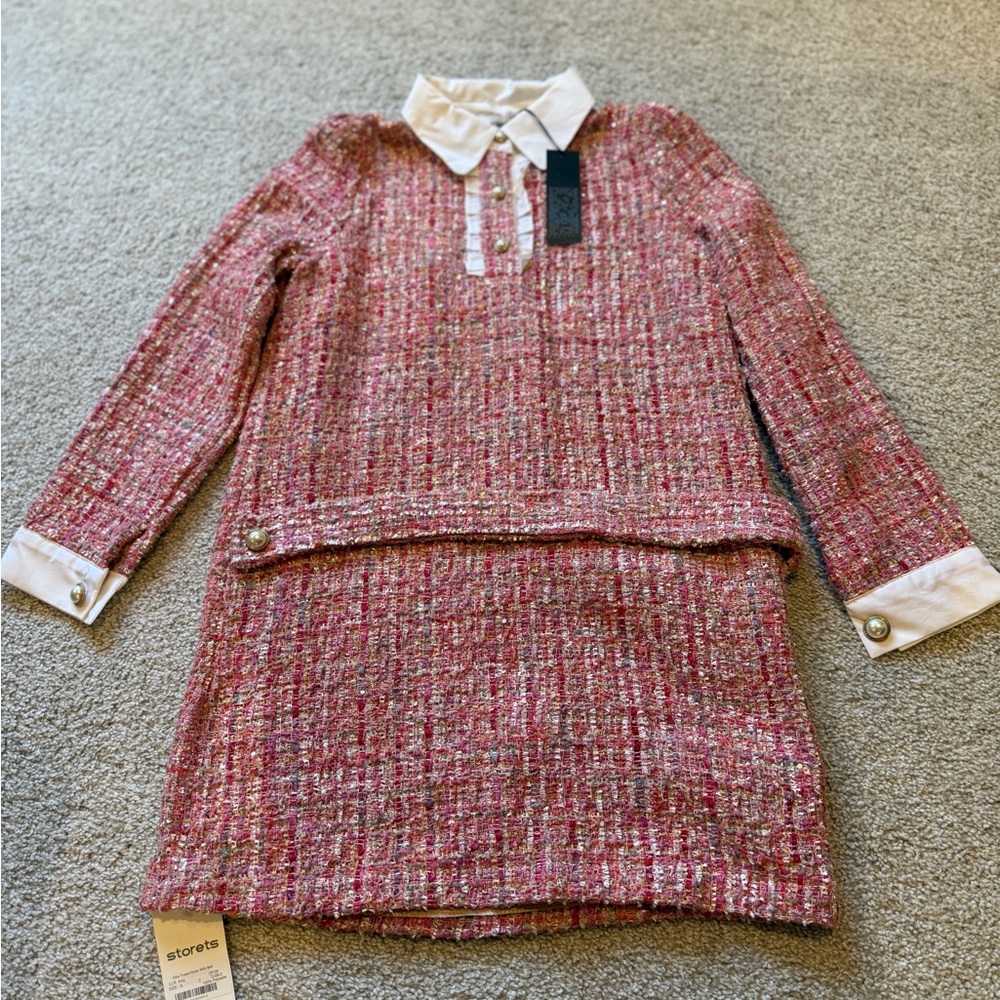 & Other Stories Pink Tweed Dress with White Accents with a belt